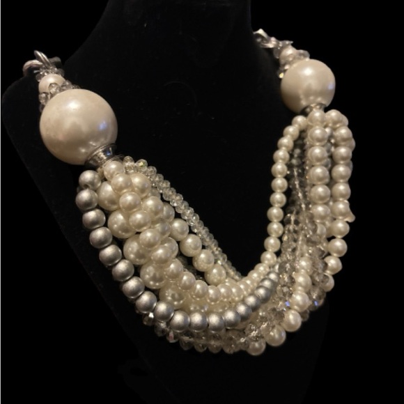 Chunky Faux Pearl, Crystal & Stainless Steel Statement Necklace - Picture 5 of 9